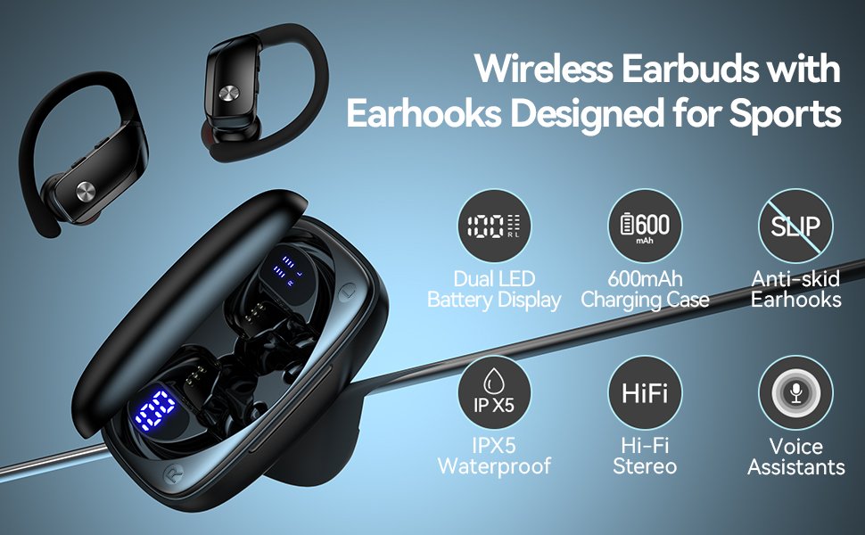 Wireless Earbuds with Earhooks Designed for Sports